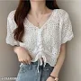 Korean style V-neck short hollow knitted t-shirt for women summer New casual short-sleeved top